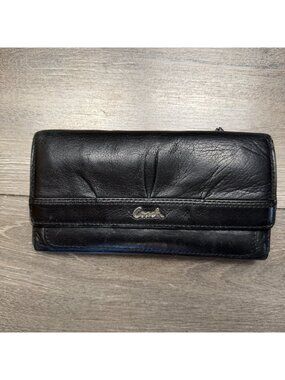 Coach Black Leather Continental Flap Wallet Silver Script Logo Trifold